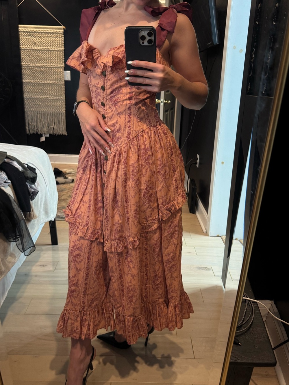 Kimchi Blue - Urban Outfitters Rust Floral Midi Dress with Ribbon Straps